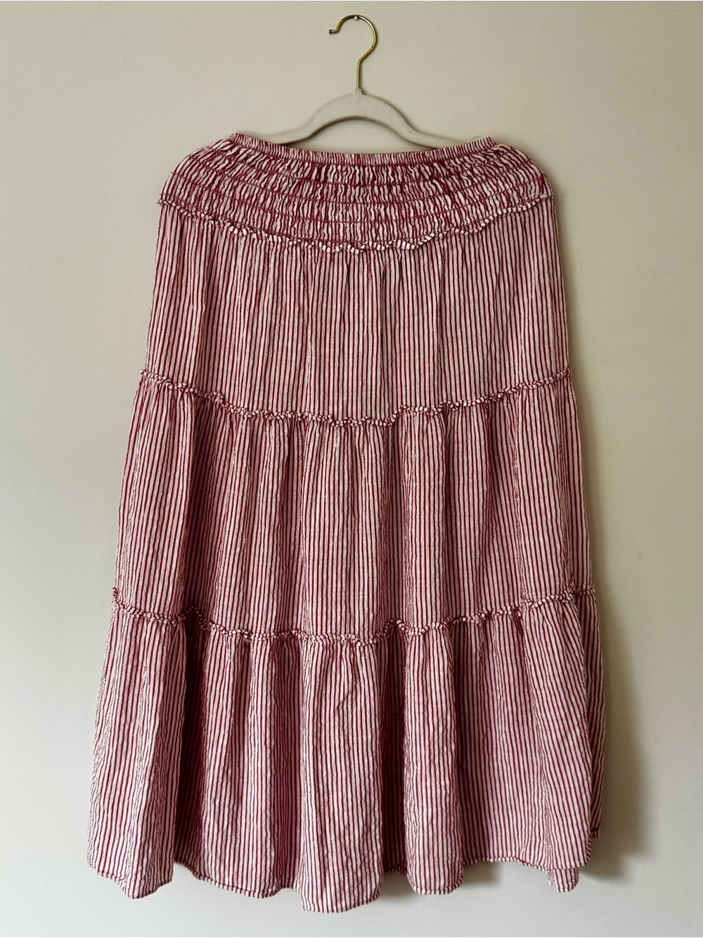 Max Studio Tiered Smocked Waist Stripe Cotton Blend Midi Skirt, Red & White – M